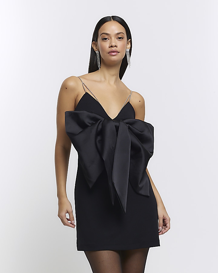 Black bow diamante strap slip mini dress