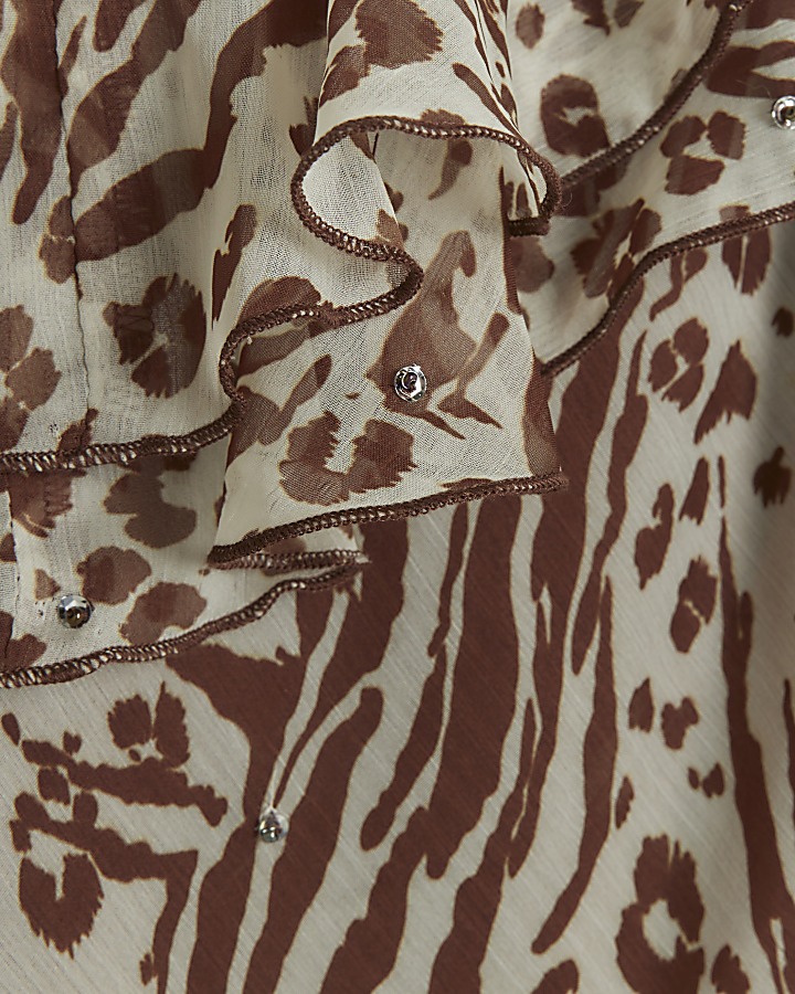 Brown leopard print frill slip maxi dress