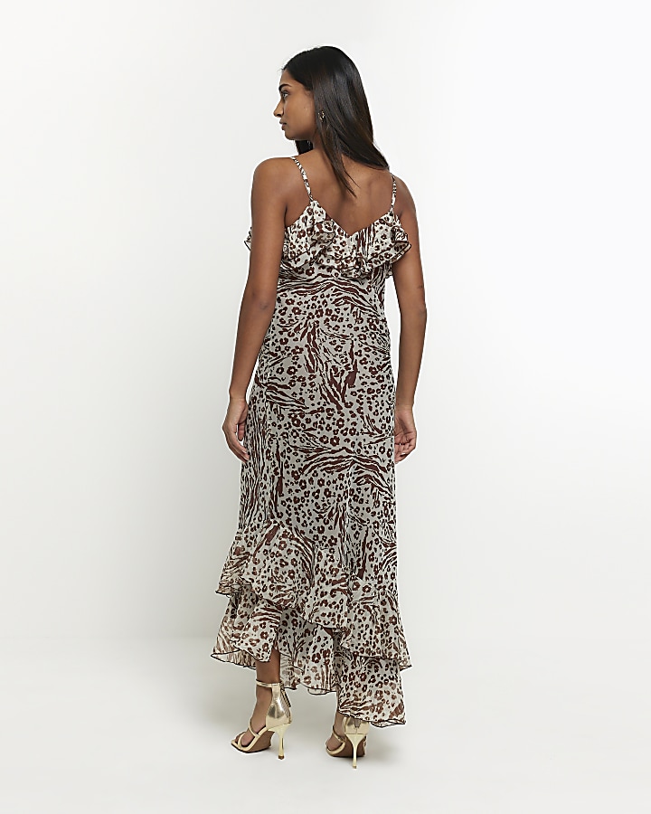 Brown leopard print frill slip maxi dress