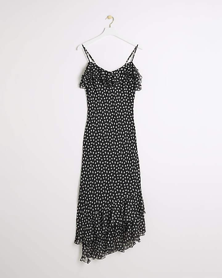 Black Ruffle Asymmetric spot midi Dress