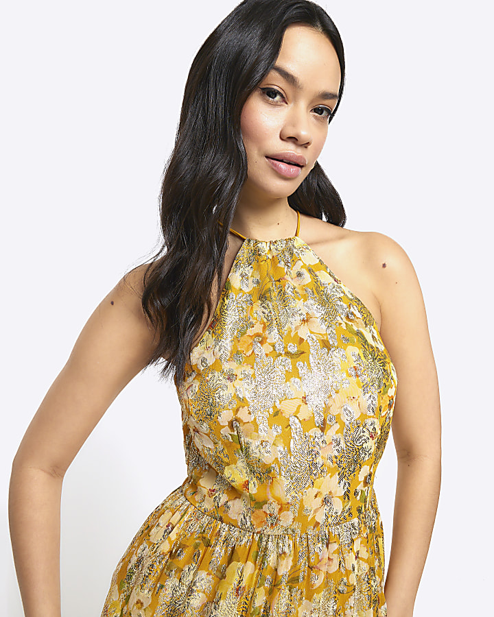 Yellow floral glitter slip maxi dress