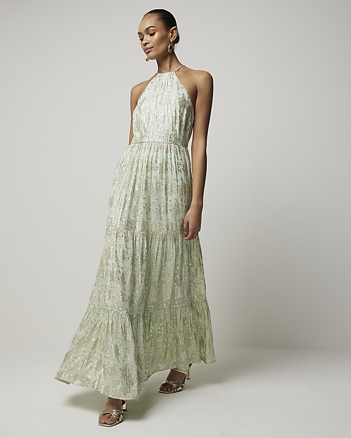 Green floral glitter slip maxi dress