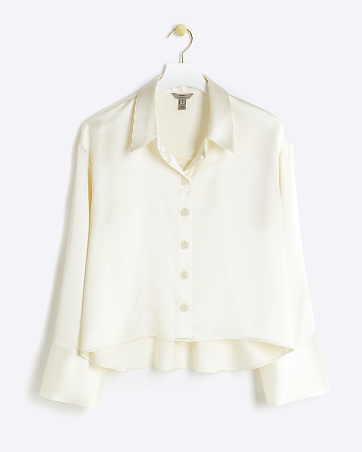 Cream satin crop long sleeve shirt