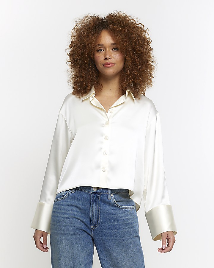 River Island Petite long sleeve button down crochet top in cream