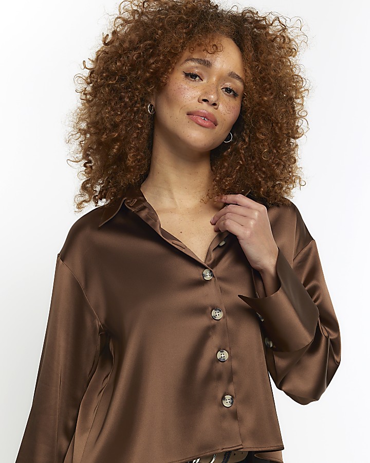 Brown satin crop long sleeve shirt