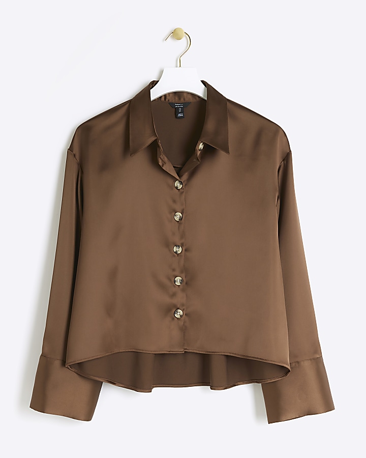 Brown satin crop long sleeve shirt