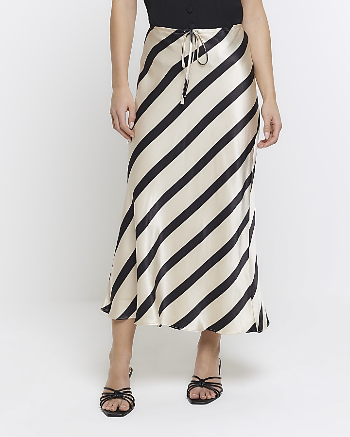 Petite black satin stripe midi skirt