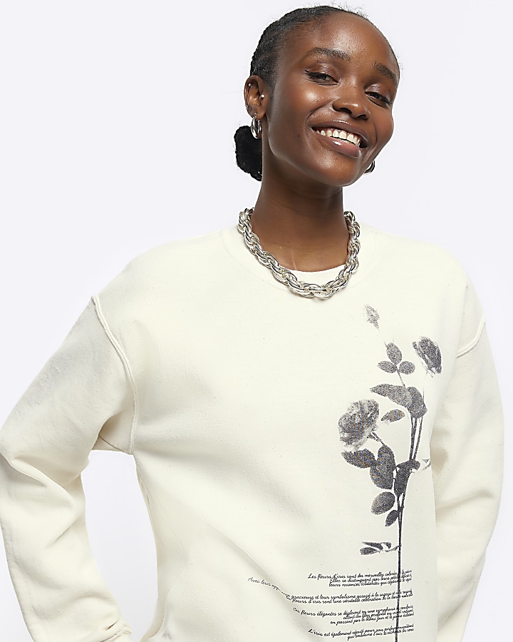 Beige floral graphic sweatshirt