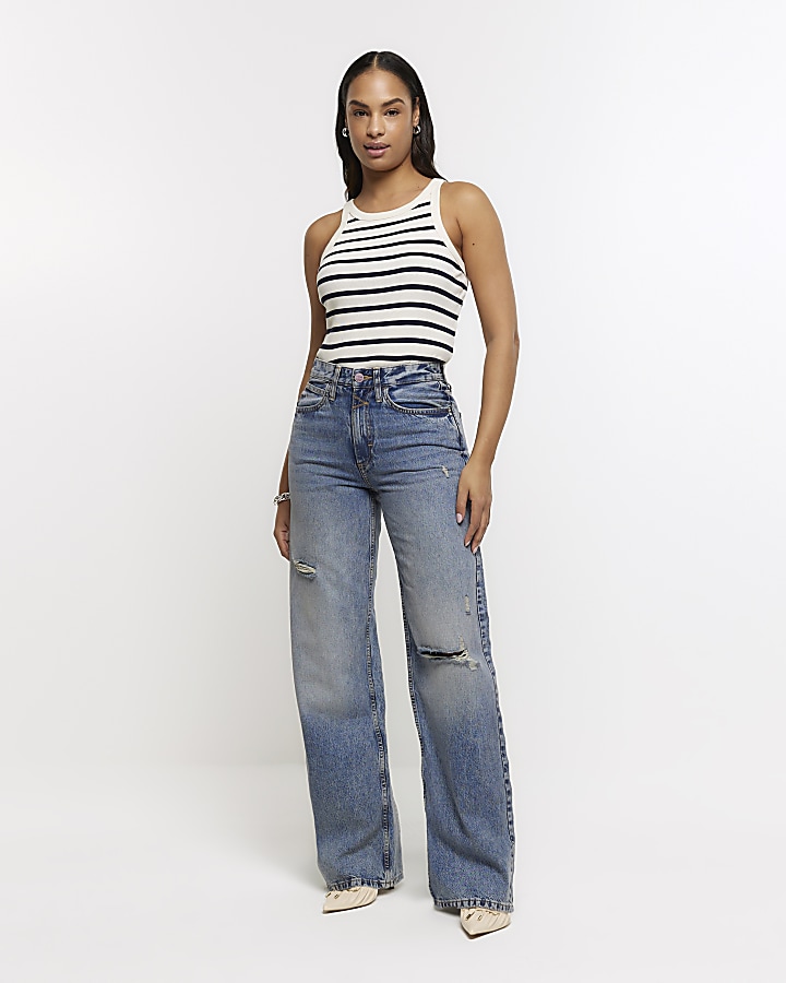 Blue mid rise ripped wide leg jeans