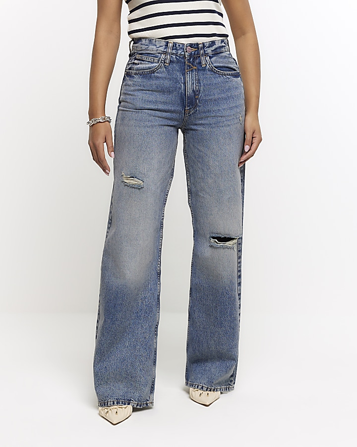 Blue mid rise ripped wide leg jeans | River Island