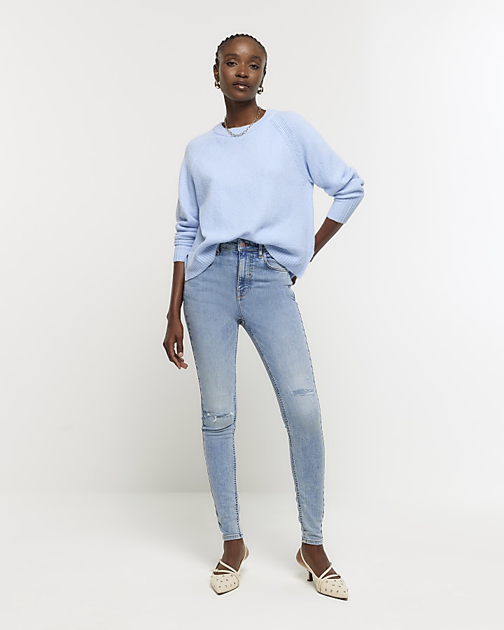 Blue high waisted ripped skinny jeans | River Island