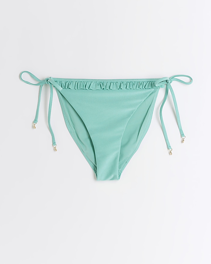 Turquoise frill tie side bikini bottoms