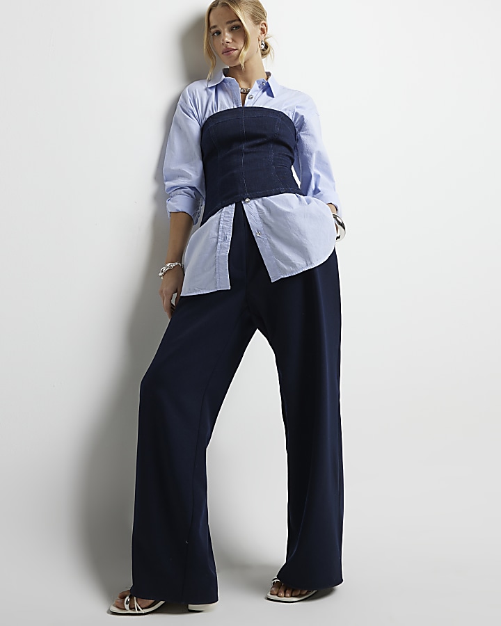 Navy high waisted wide leg trousers