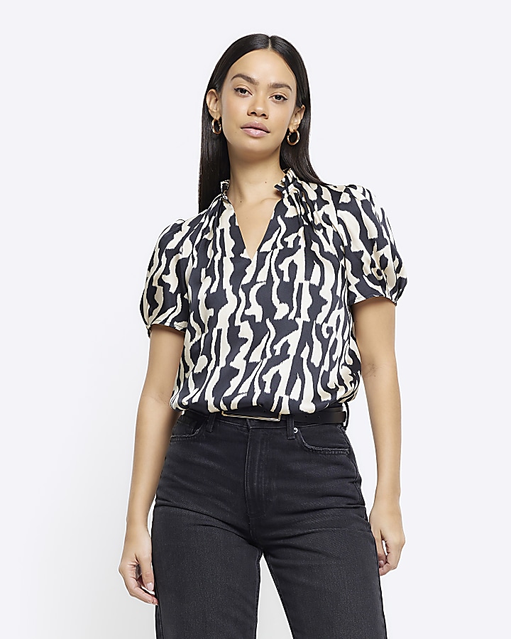 Black satin abstract short sleeve blouse