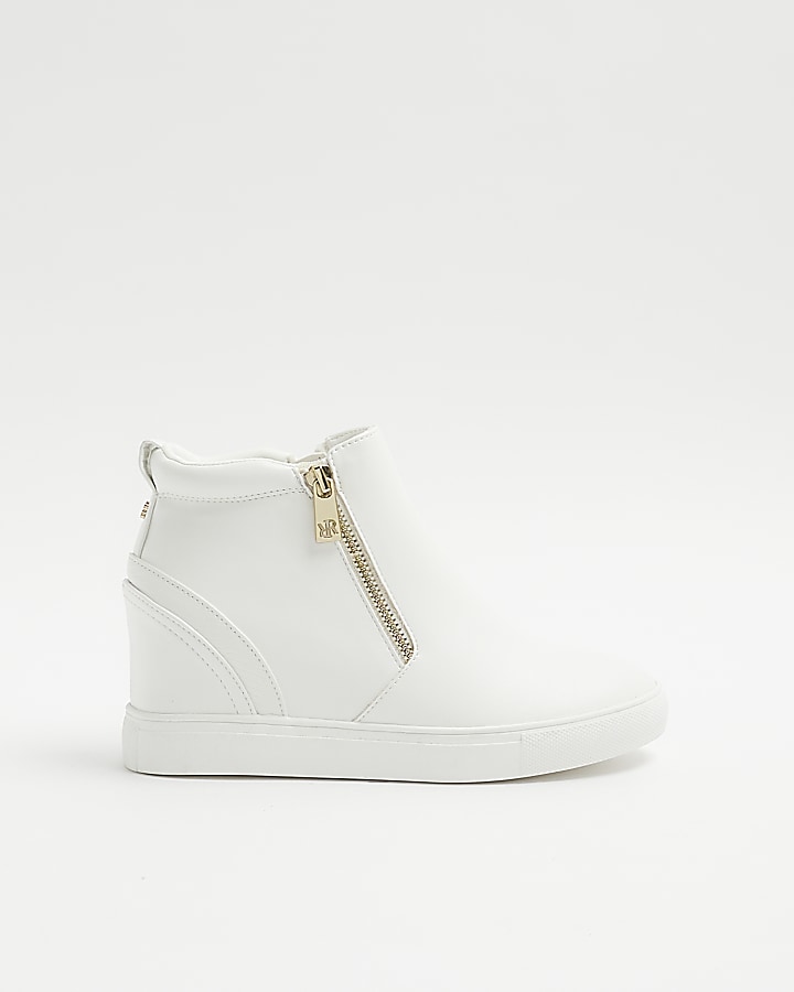 White hidden wedge zip up trainers