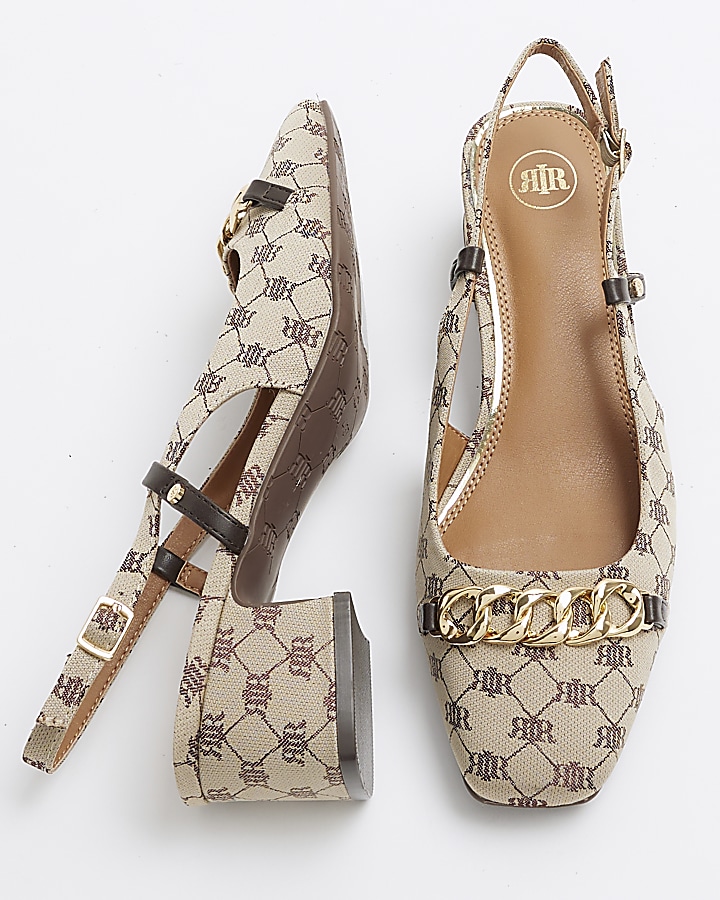Brown chain monogram sling back court shoes
