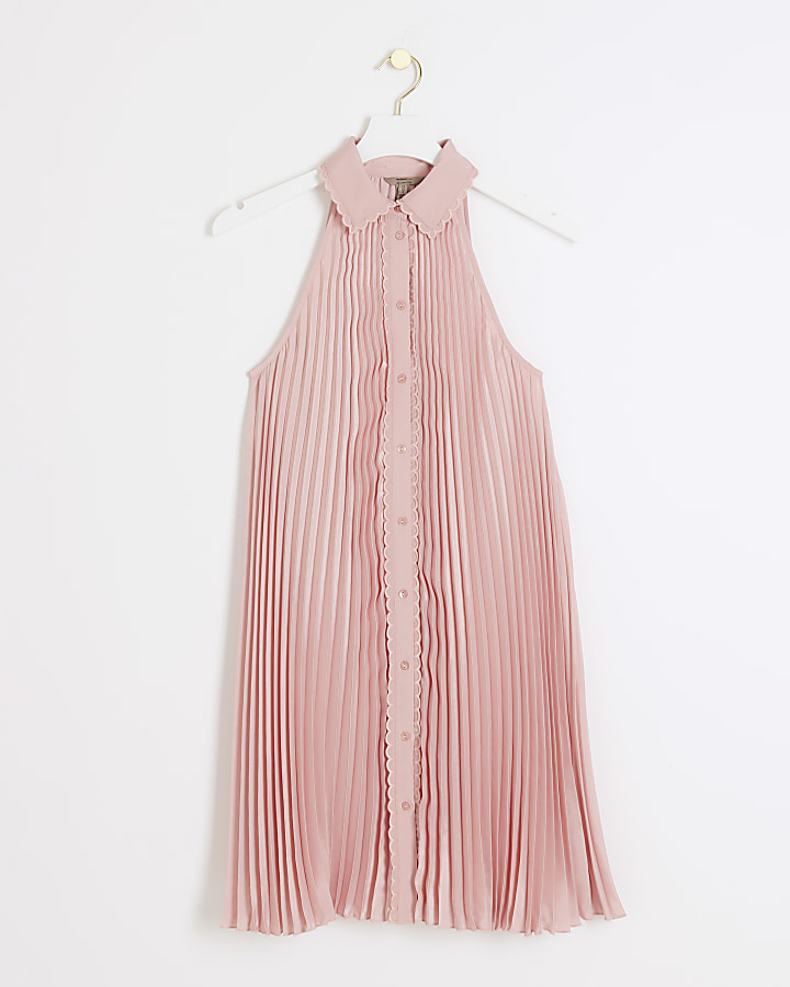 Pink plisse sleeveless mini shirt dress