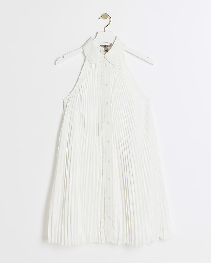 Cream plisse sleeveless mini shirt dress