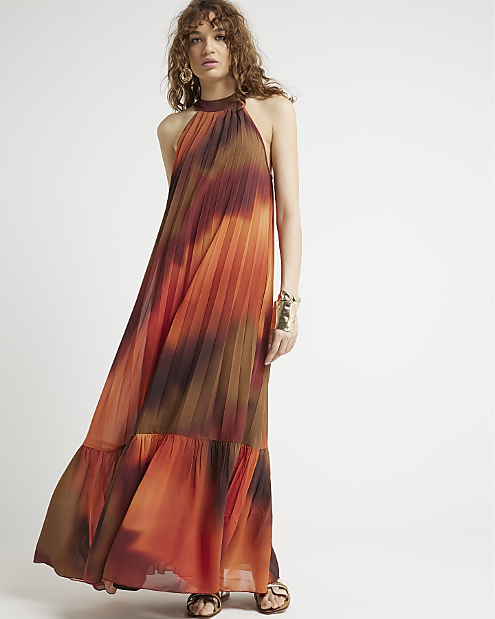 Rust pleated ombre maxi dress