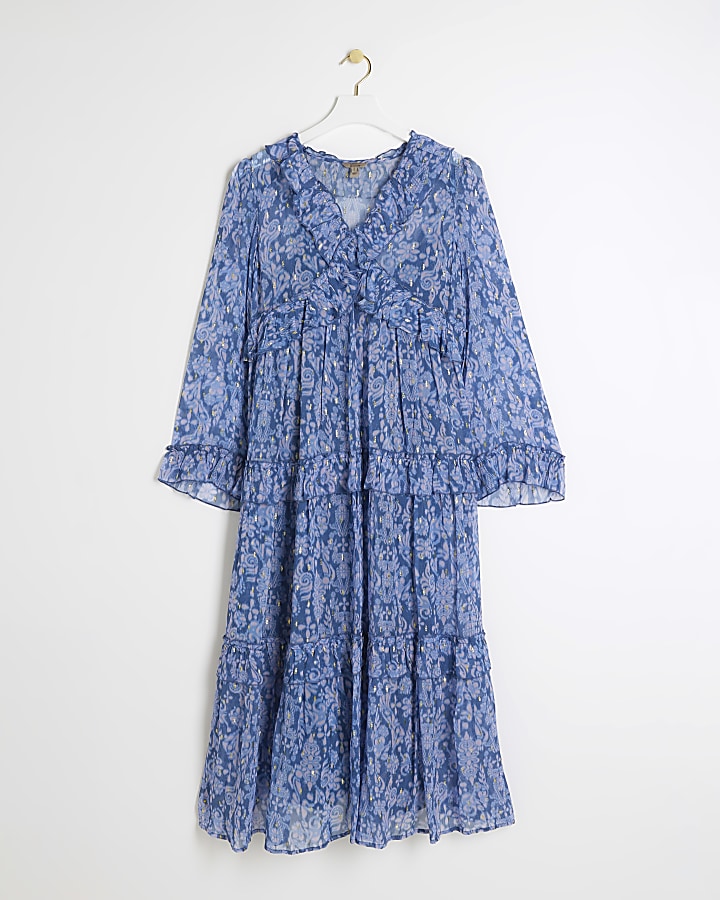 Blue floral frill detail swing maxi dress