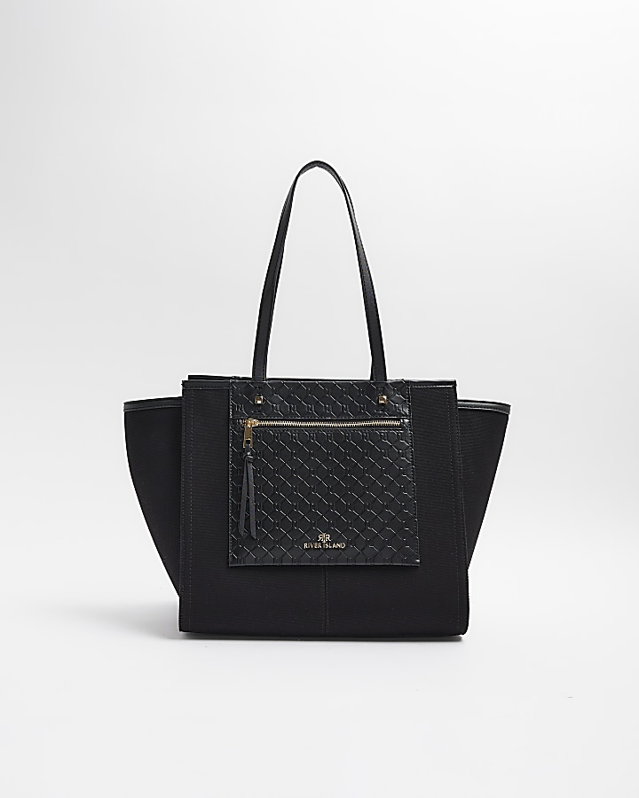 Black canvas embossed RI shopper bag | River Island