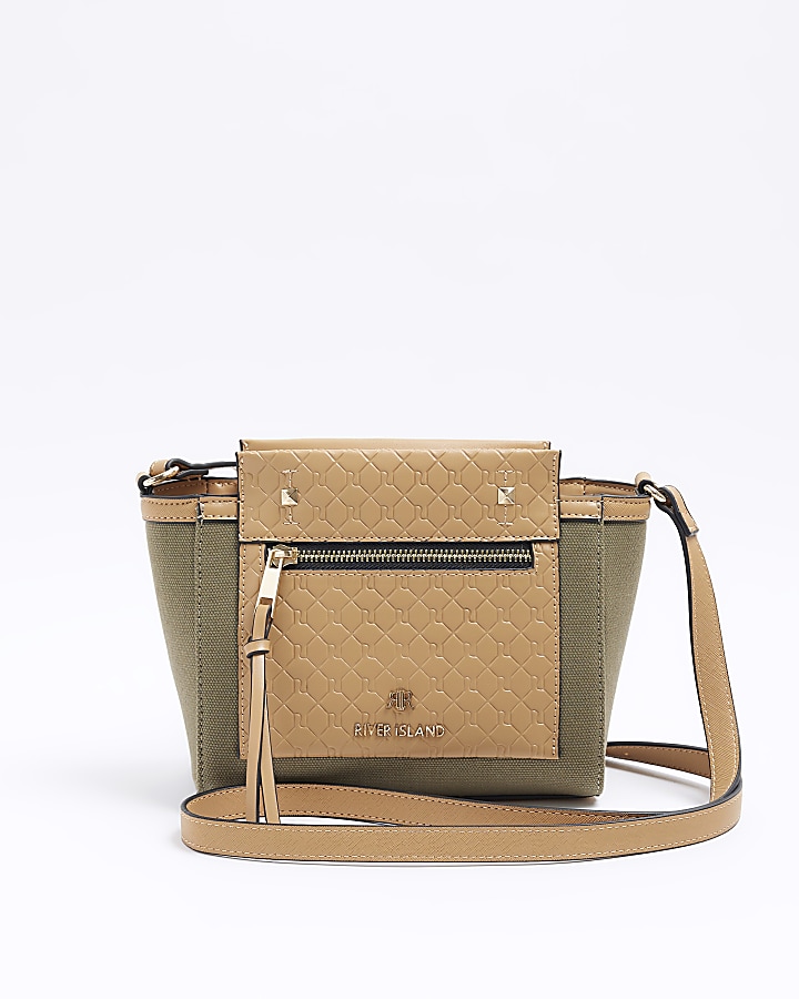 Khaki canvas embossed RI cross body bag