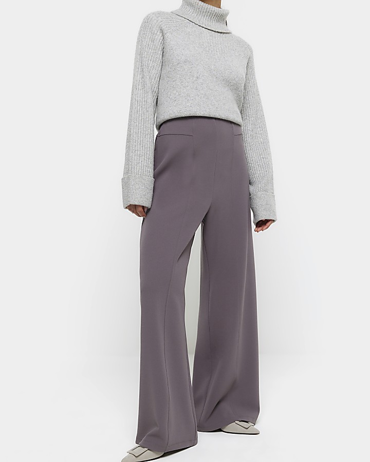 Petite grey stitched wide leg trousers