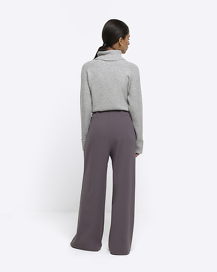 Petite grey stitched wide leg trousers