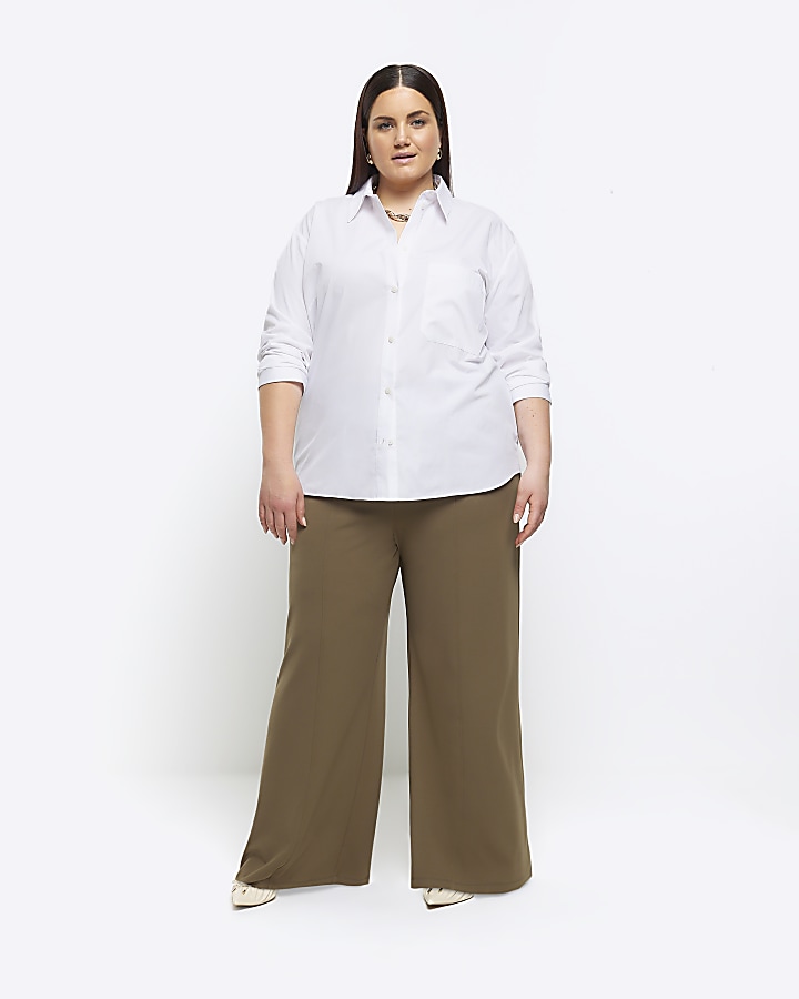 Plus khaki stitched wide leg trousers