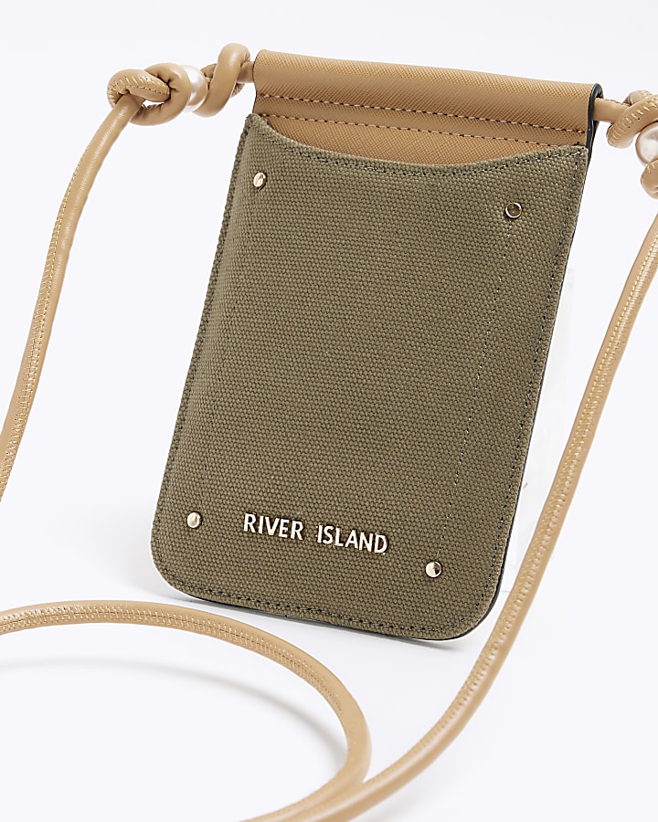 Khaki canvas phone cross body bag River Island