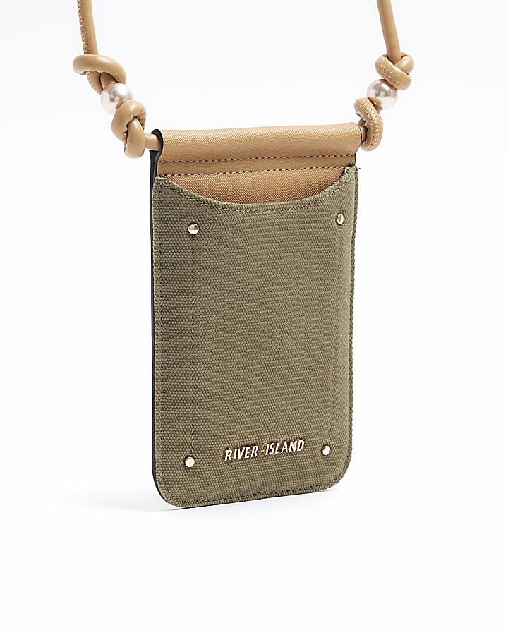 Khaki canvas phone cross body bag River Island