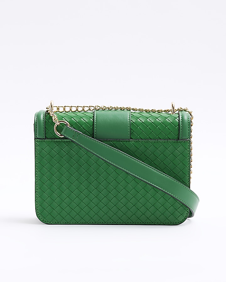 Green embossed woven satchel bag