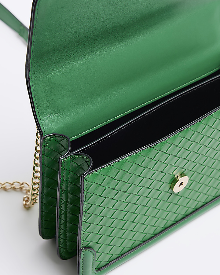 Green embossed woven satchel bag