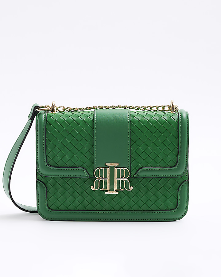 Green embossed woven satchel bag