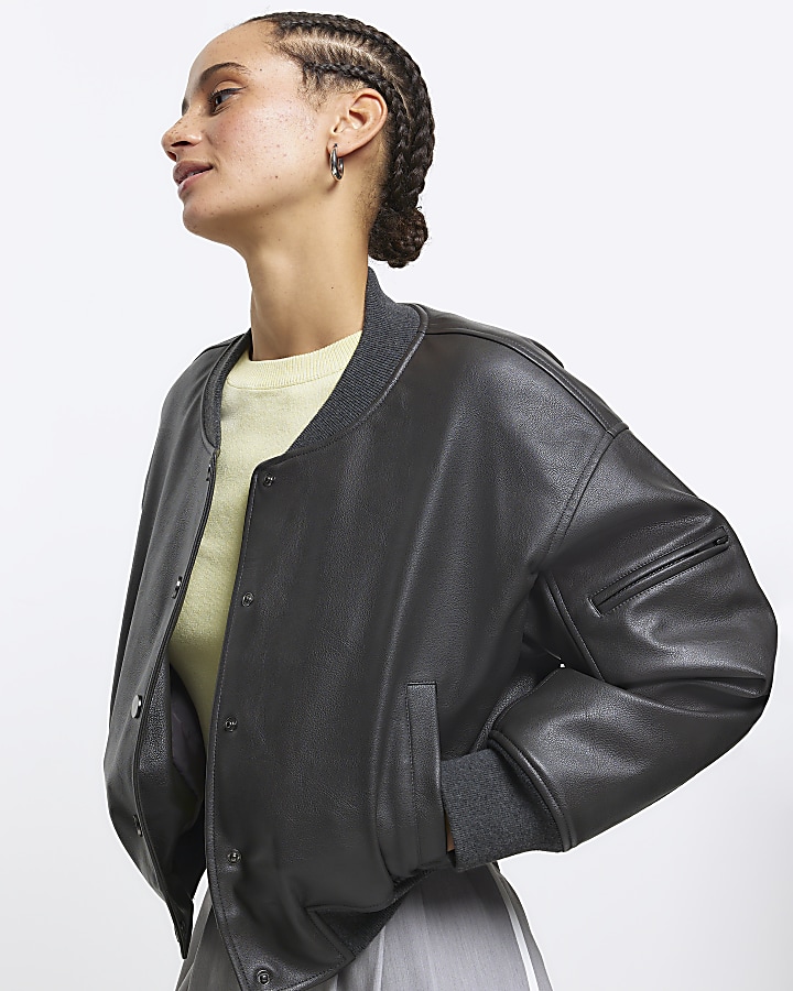 Grey faux leather crop bomber jacket River Island