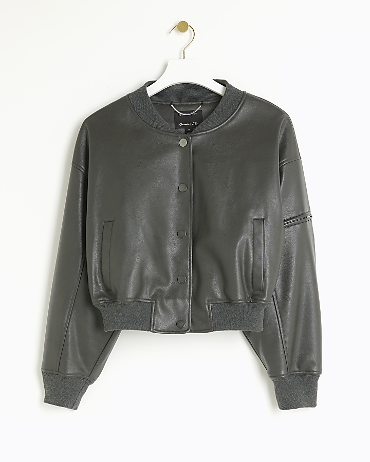 Grey faux leather crop bomber jacket River Island