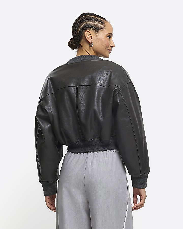Grey faux leather crop bomber jacket