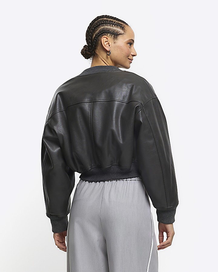 Grey faux leather crop bomber jacket River Island