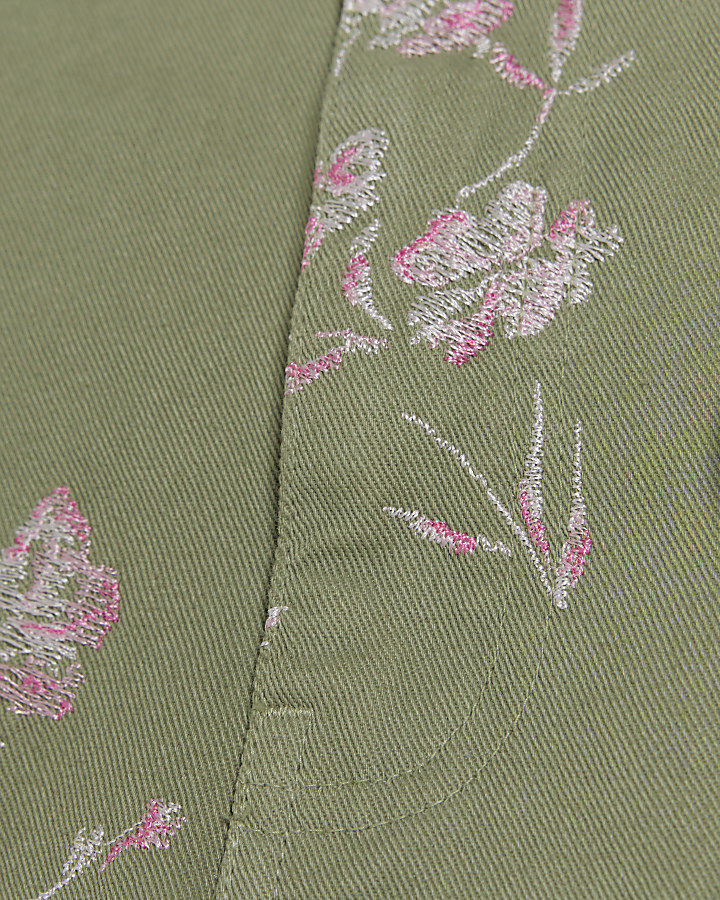 Khaki embroidered denim mini skirt