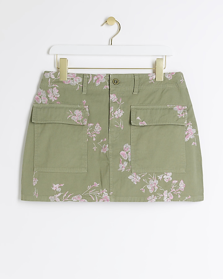 Khaki embroidered denim mini skirt