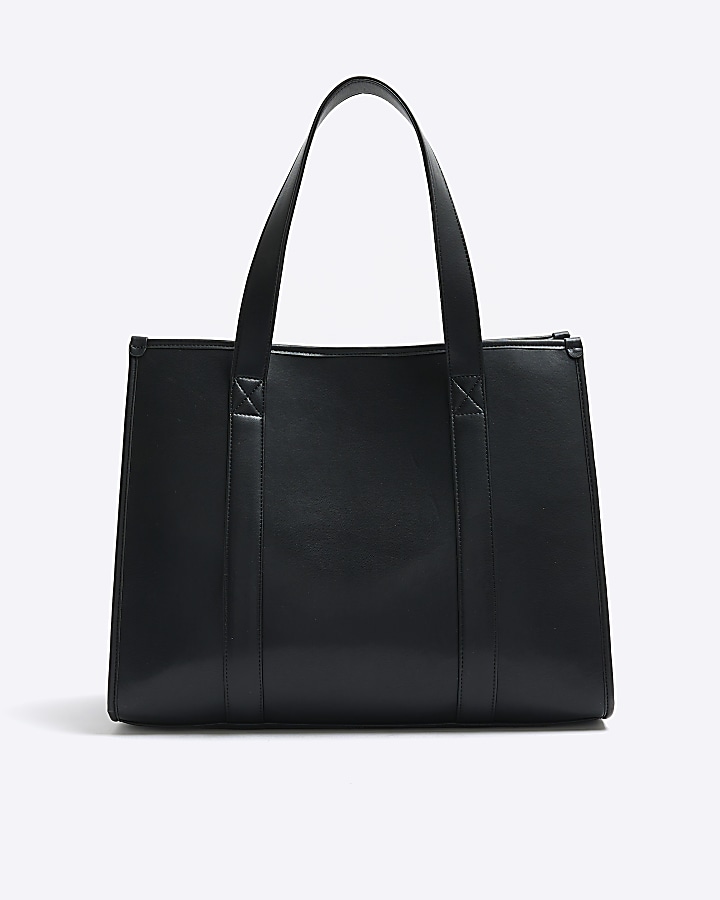 Black faux leather embossed shopper bag | River Island