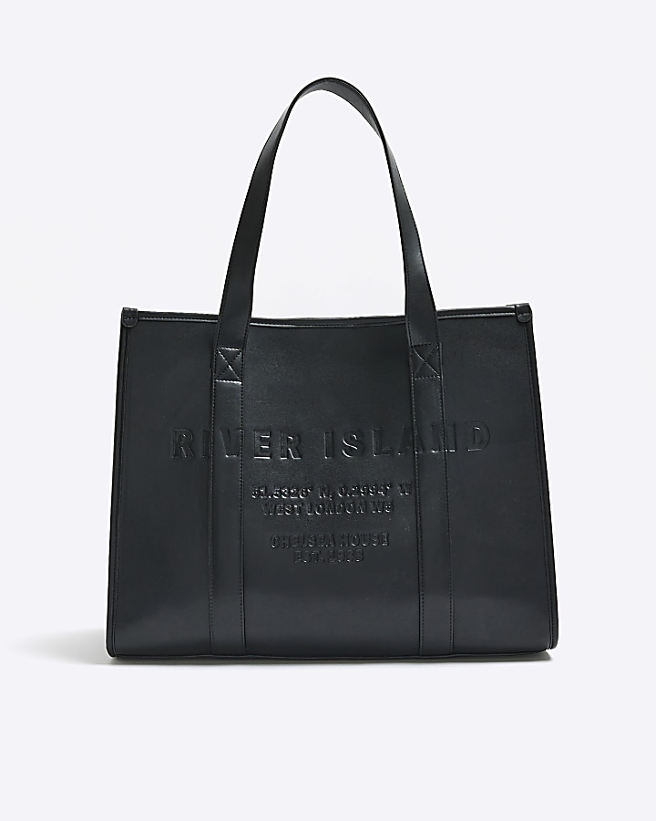 Black faux leather embossed shopper bag | River Island