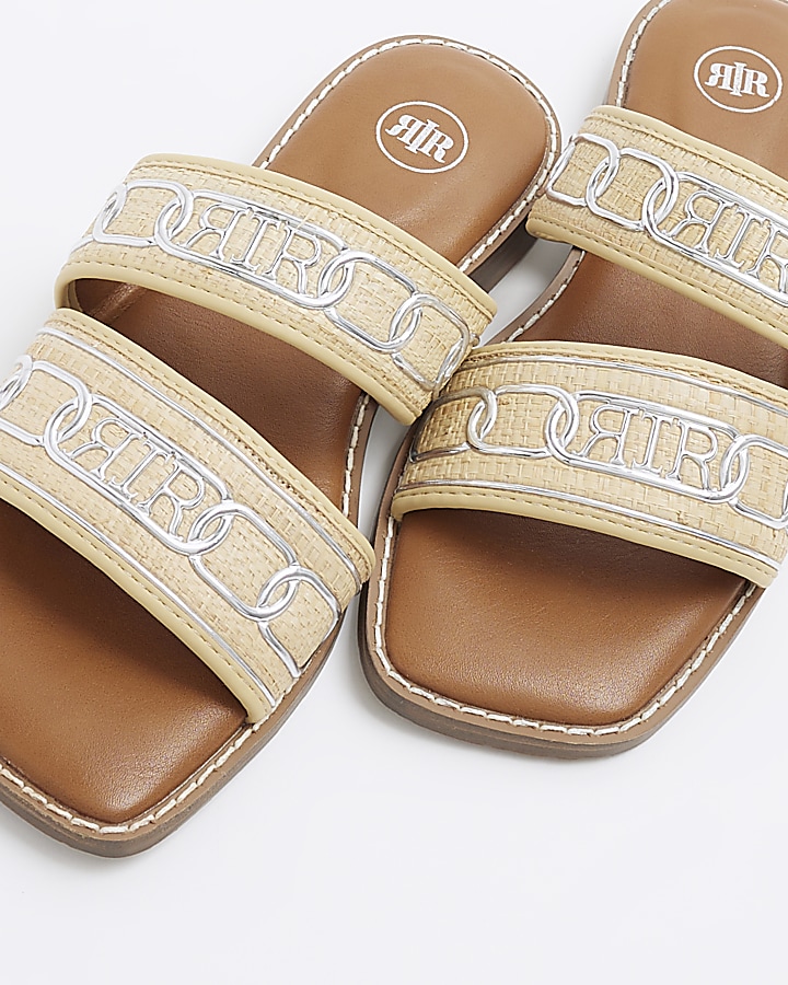 Beige jacquard strap flat sandals