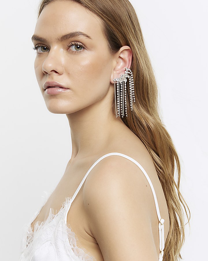 Silver Diamante Drape Ear Climber River Island