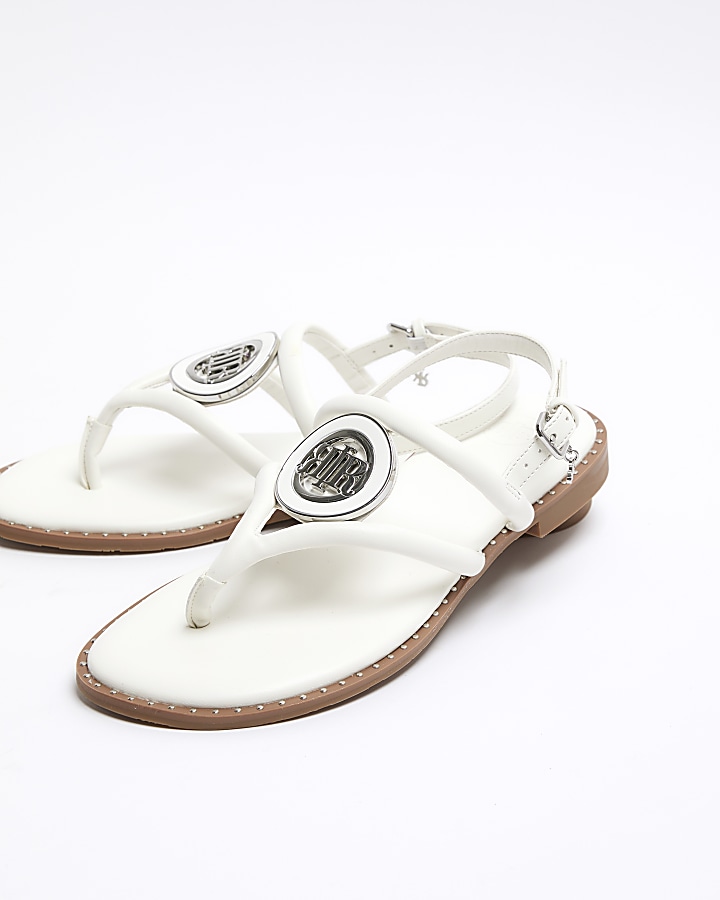 White wide fit studded flat sandals