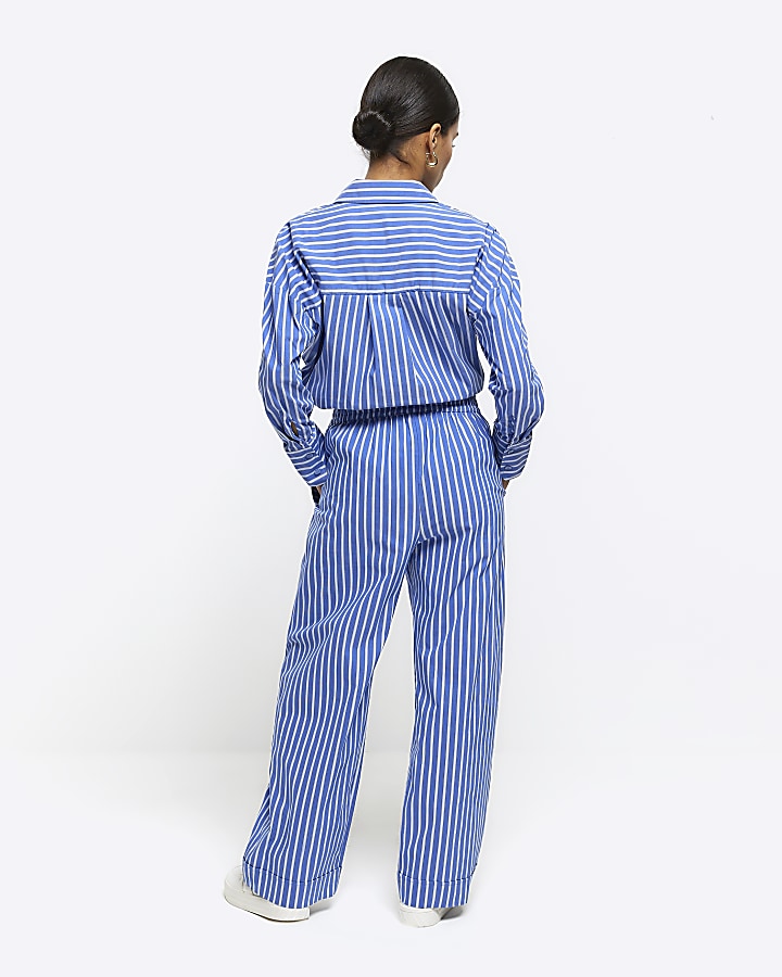 Petite blue stripe poplin pull on trousers