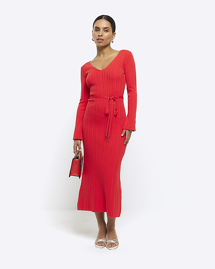 Petite red knit rib jumper maxi dress