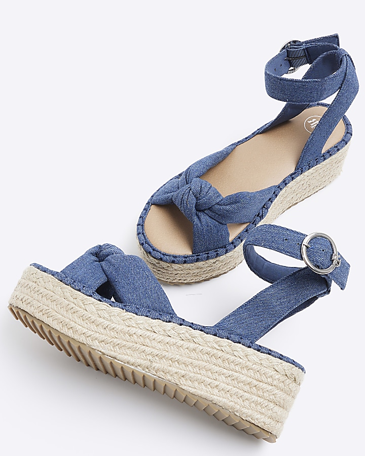 Blue knot denim flatform espadrille sandals