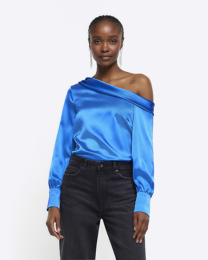 Blue satin off shoulder top