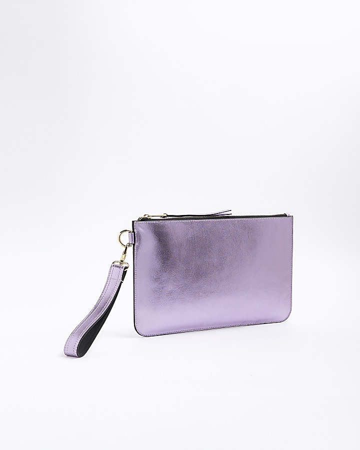 Purple metallic leather clutch bag River Island
